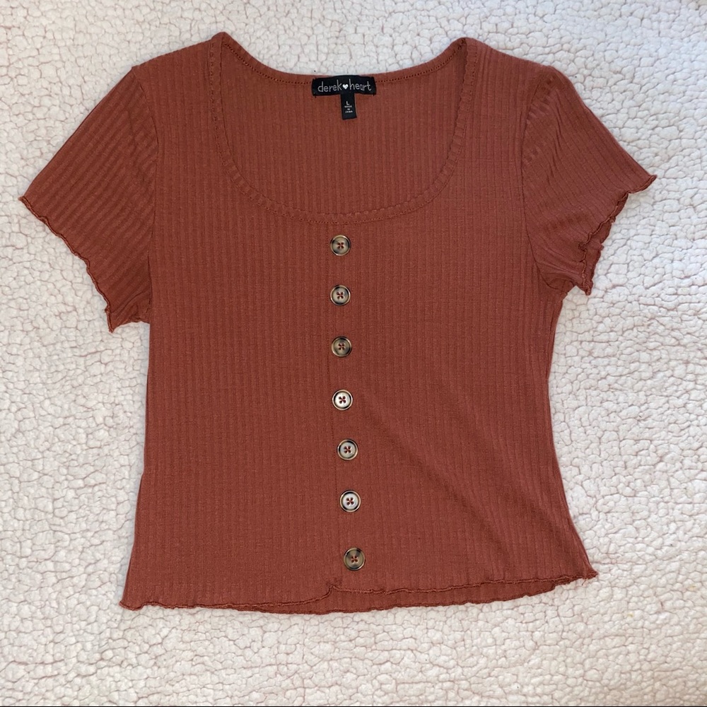 Button Front Ribbed Lettuce Trim Crop Top
